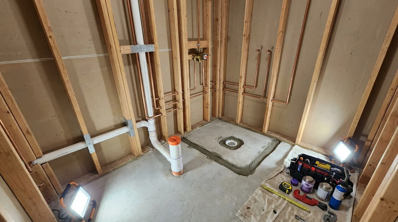 Bathroom rough-in plumbing during remodel by Johns Plumbing LLC in Acworth