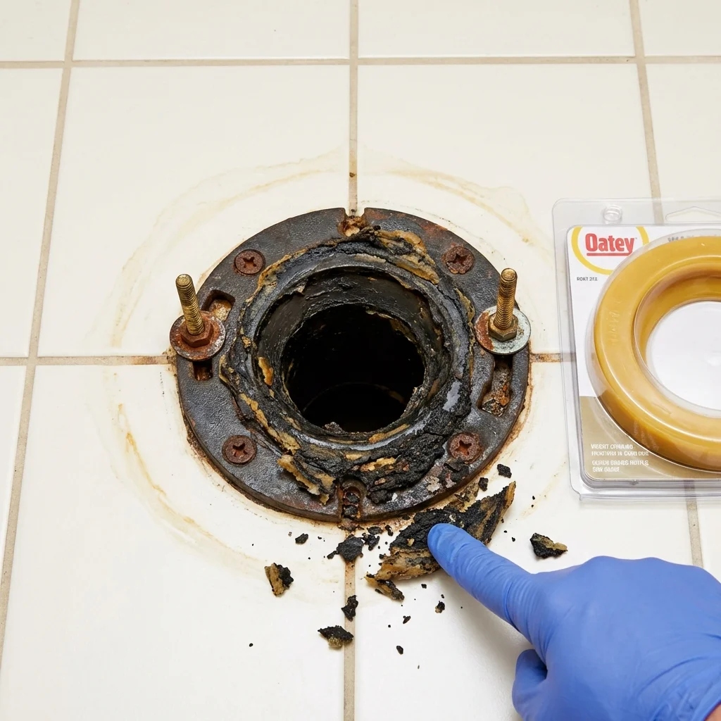 Failed wax ring showing water seepage at the base of a toilet in a Acworth, GA home