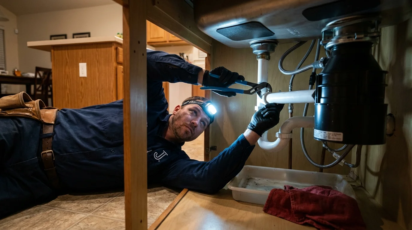 P-trap and supply line connections under a kitchen sink showing a common leak point in Acworth, GA
